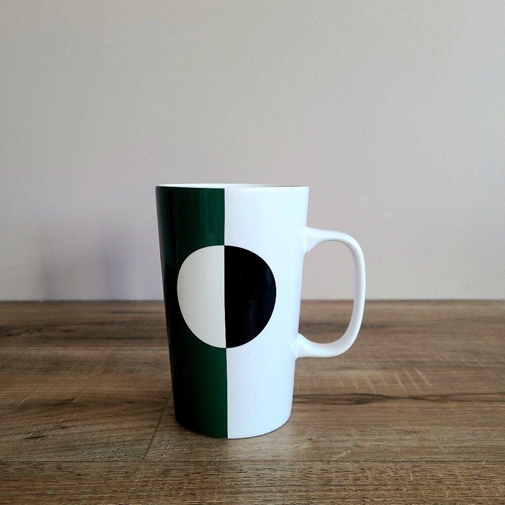 Tall green black and white geometric design Starbucks coffee tea mug.